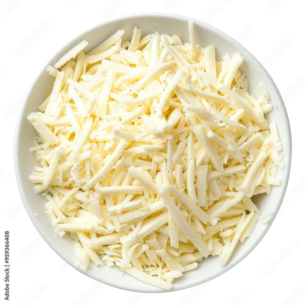 Mozzarella cheese shredded in a white bowl top view isolated on transparent white background, clipping path Mozzarella cheese shredded in a white bowl top view isolated on transparent white background, clipping path
