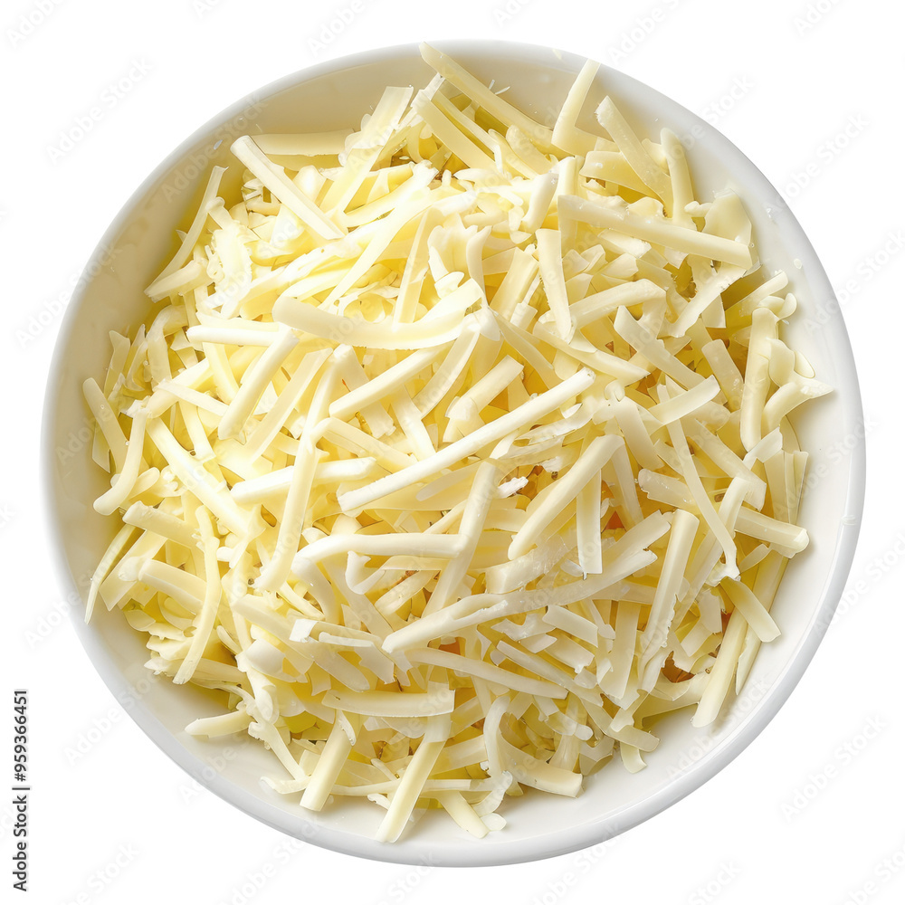 Mozzarella cheese shredded in a white bowl top view isolated on transparent white background, clipping path Mozzarella cheese shredded in a white bowl top view isolated on transparent white background, clipping path
