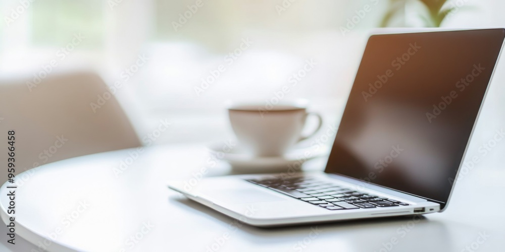 Blurred modern home office interior with laptop and coffee cup on a white table, close-up panoramic view, ideal for web design or graphic illustration backgrounds. Blurred modern home office interior with laptop and coffee cup on a white table, close-up panoramic view, ideal for web design or graphic illustration backgrounds.