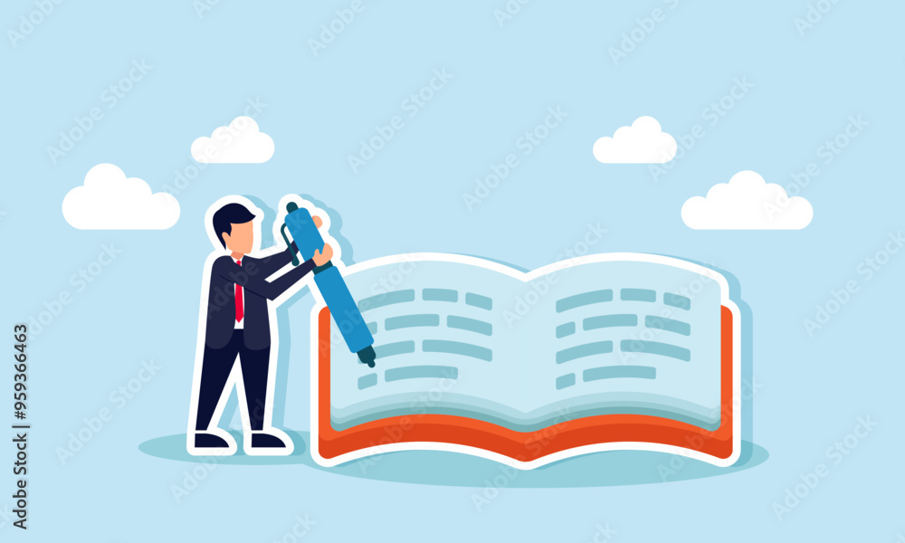 A businessman writing notes in a notebook with a pen, Illustration concept of Drafting an annual report as a reference for future business evaluations A businessman writing notes in a notebook with a pen, Illustration concept of Drafting an annual report as a reference for future business evaluations
