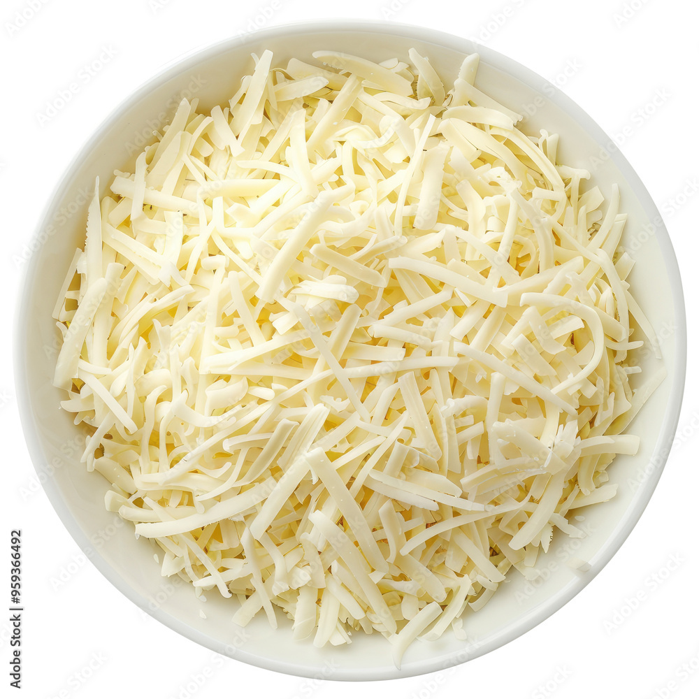 Mozzarella cheese shredded in a white bowl top view isolated on transparent white background, clipping path Mozzarella cheese shredded in a white bowl top view isolated on transparent white background, clipping path