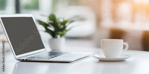 Blurred modern home office interior with laptop and coffee cup on a white table, close-up panoramic view, ideal for web design or graphic illustration backgrounds.