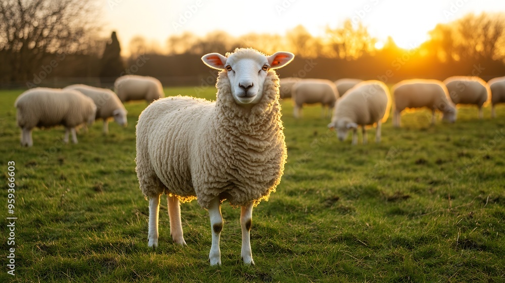 Sheep grazing in a green field in the English countryside at sunset in winter on a UK farm : Generative AI Sheep grazing in a green field in the English countryside at sunset in winter on a UK farm : Generative AI