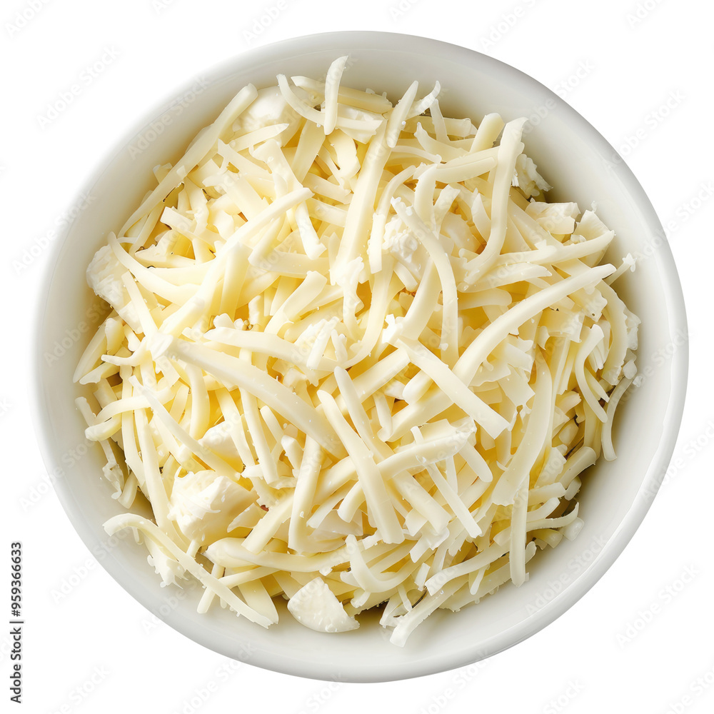 Mozzarella cheese shredded in a white bowl top view isolated on transparent white background, clipping path Mozzarella cheese shredded in a white bowl top view isolated on transparent white background, clipping path