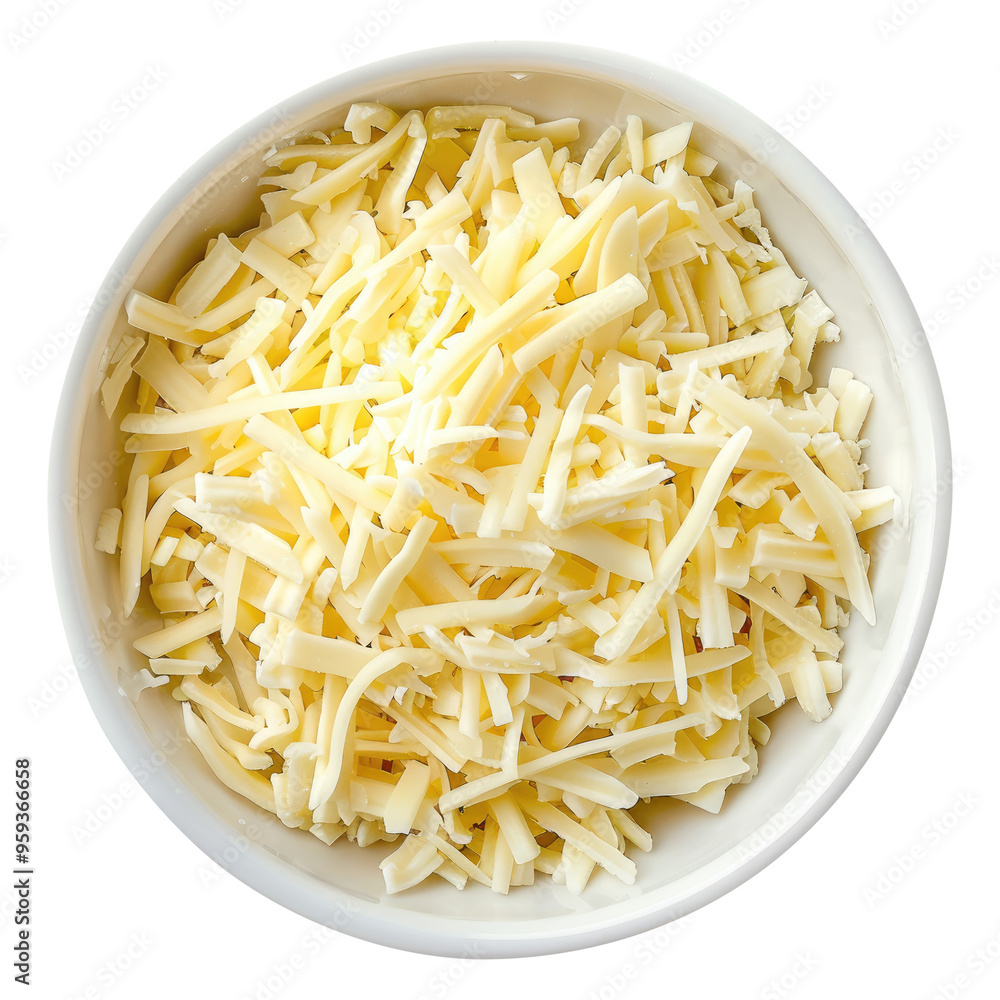 Mozzarella cheese shredded in a white bowl top view isolated on transparent white background, clipping path Mozzarella cheese shredded in a white bowl top view isolated on transparent white background, clipping path