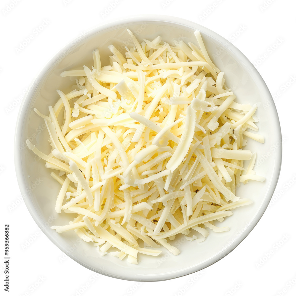 Mozzarella cheese shredded in a white bowl top view isolated on transparent white background, clipping path Mozzarella cheese shredded in a white bowl top view isolated on transparent white background, clipping path