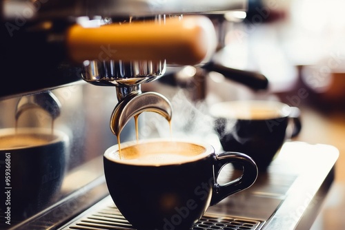 Close-up of an espresso machine with steam rising from a coffee cup, focusing on a black mug being filled, set against a cozy cafe interior background with blurred tables and chairs.