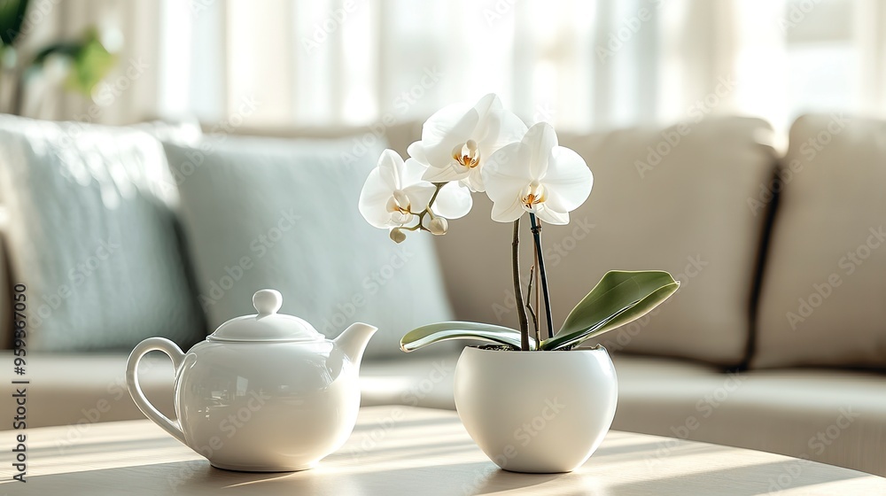 A white teapot and a pot with delicate orchid flower on coffee table with background of of a beige sofa in modern living room A white teapot and a pot with delicate orchid flower on coffee table with background of of a beige sofa in modern living room