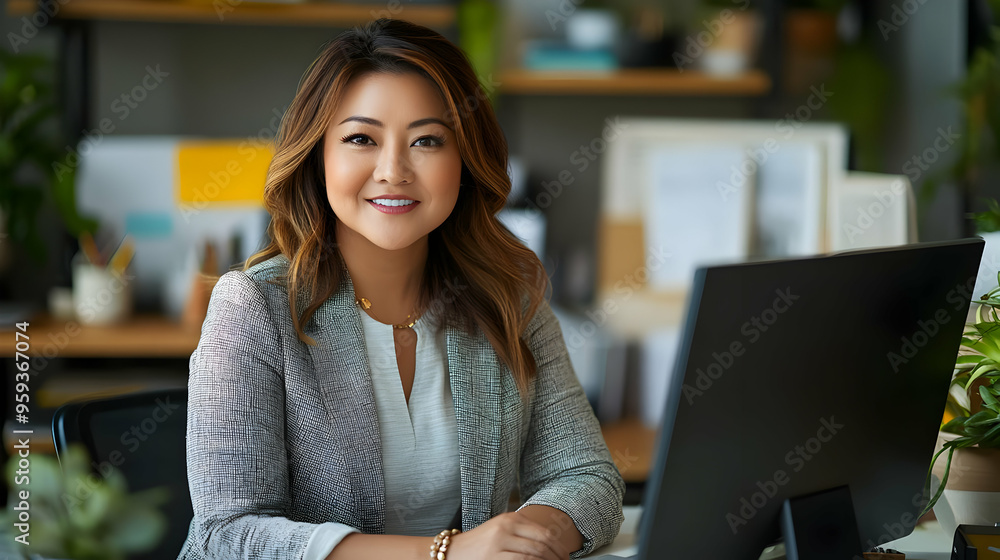 Smiling businesswoman sitting at a desk in front of a computer, looking at the camera. Smiling businesswoman sitting at a desk in front of a computer, looking at the camera.