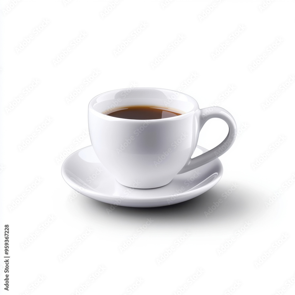 A simple, white ceramic coffee cup and saucer set against a white background, perfect for branding or product showcases. A simple, white ceramic coffee cup and saucer set against a white background, perfect for branding or product showcases.