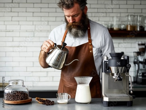 Bearded barista pouring coffee at his office kitchen counter with stainless steel portafilters and coffee beans, modern grey interior, coffee machine, and white brick wall background in a Mash cafe st photo