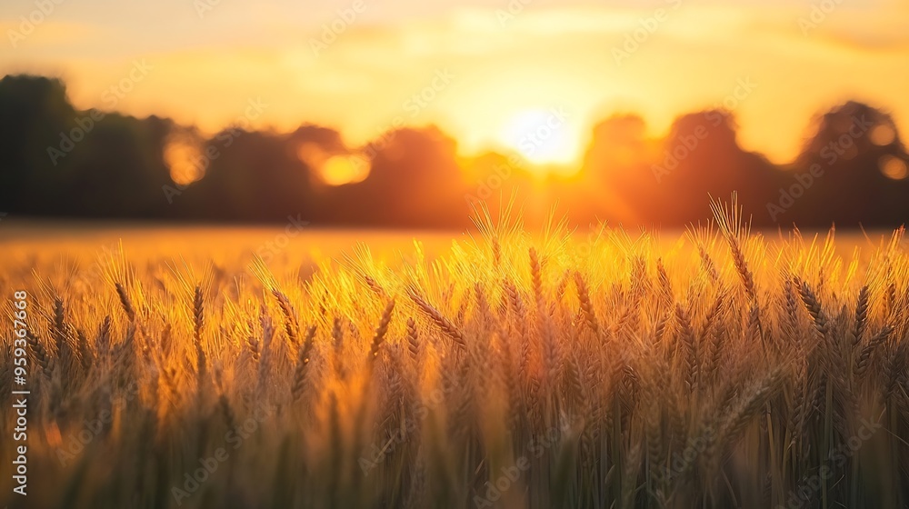 Fototapeta premium A selective focus shot of a sunset over a barley field : Generative AI