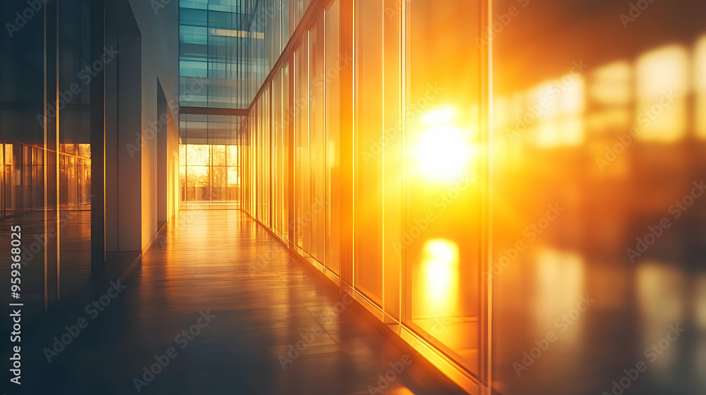 Sunlight streams through a glass wall in a modern office building, illuminating the corridor. Sunlight streams through a glass wall in a modern office building, illuminating the corridor.