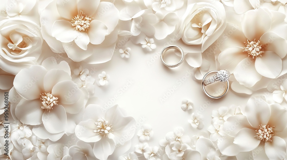 Wedding card in white colors with flowers and wedding rings. Wedding card in white colors with flowers and wedding rings.