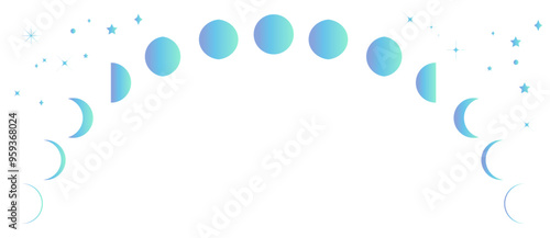 青い月の満ち欠けと星の背景イラスト　月齢