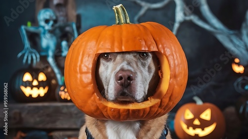 Dog wearing halloween a pumpkin as halmet, Halloween theme. photo