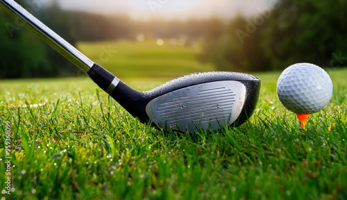 Golfer is preparing to hit a golf ball on a sunny golf course photo