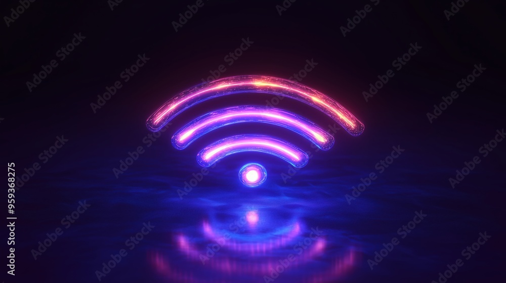 A purple and red wifi symbol is lit up in a dark background. Concept of modern technology and connectivity A purple and red wifi symbol is lit up in a dark background. Concept of modern technology and connectivity