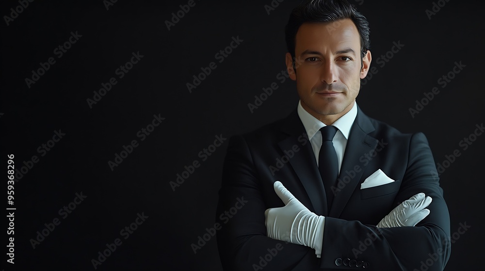 Portrait of Gentleman in Dark Suit and White Gloves Standing on Black Background Professional Service and Professional Hospitality : Generative AI Portrait of Gentleman in Dark Suit and White Gloves Standing on Black Background Professional Service and Professional Hospitality : Generative AI