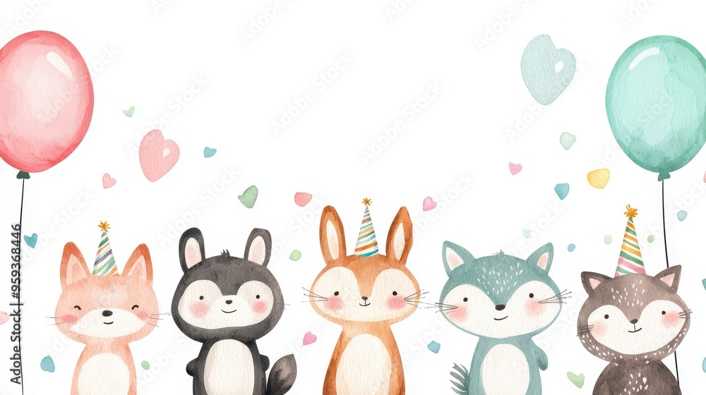 Obraz premium Watercolor Birthday Party Animals with Balloons and Hearts