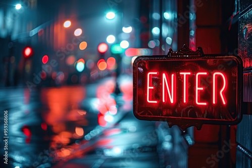 Neon sign with word ENTER on the street at night photo