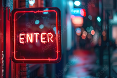 Neon sign with word ENTER on the street at night photo