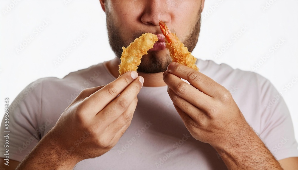 Shrimp tempura ready to eat by man without face on white background isolated Shrimp tempura ready to eat by man without face on white background isolated
