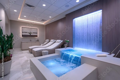 Serene Spa-like Medical Lounge with Calming Water Features and Soothing Chromotherapy Lighting photo