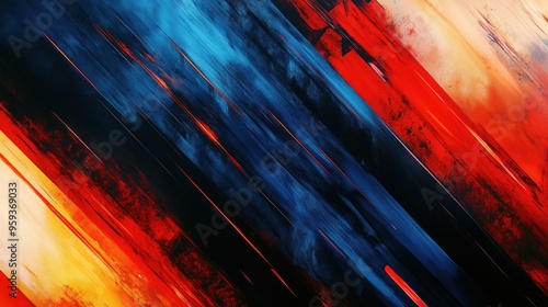 A colorful abstract painting with blue, red, and yellow stripes. The painting has a sense of movement and energy, with the colors blending together to create a dynamic and vibrant scene