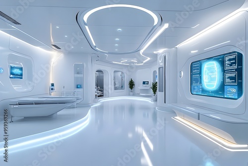 Futuristic Minimalist Medical Clinic Interior with Cutting-Edge Holographic Displays and Touch-Sensitive Interfaces Showcasing Innovative Healthcare