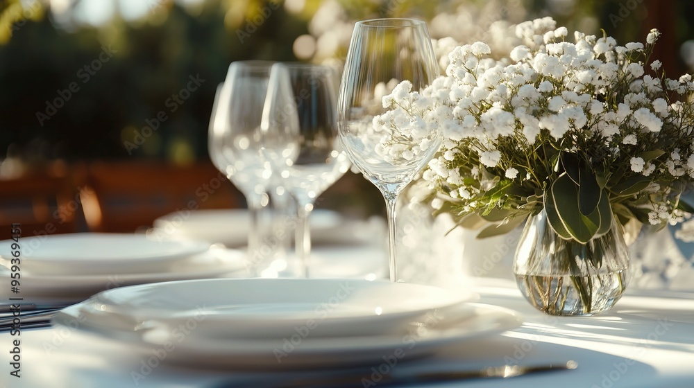 Elegance table setting for party, event, banquet, wedding outdoors with gentle pure white flowers. Elegance table setting for party, event, banquet, wedding outdoors with gentle pure white flowers.