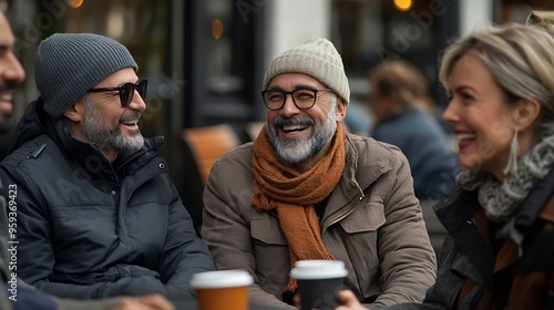 Wallpaper Mural Mature group of people sitting together on coffee time outdoor Cheerful handsome people of different nationalities laughing chilling and having conversation Copy space : Generative AI Torontodigital.ca