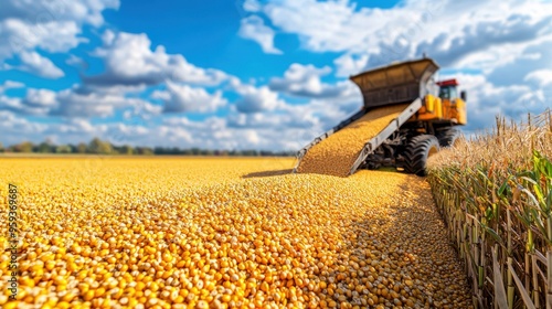 Corn Harvest Combine Harvester Unloading Grain in Field