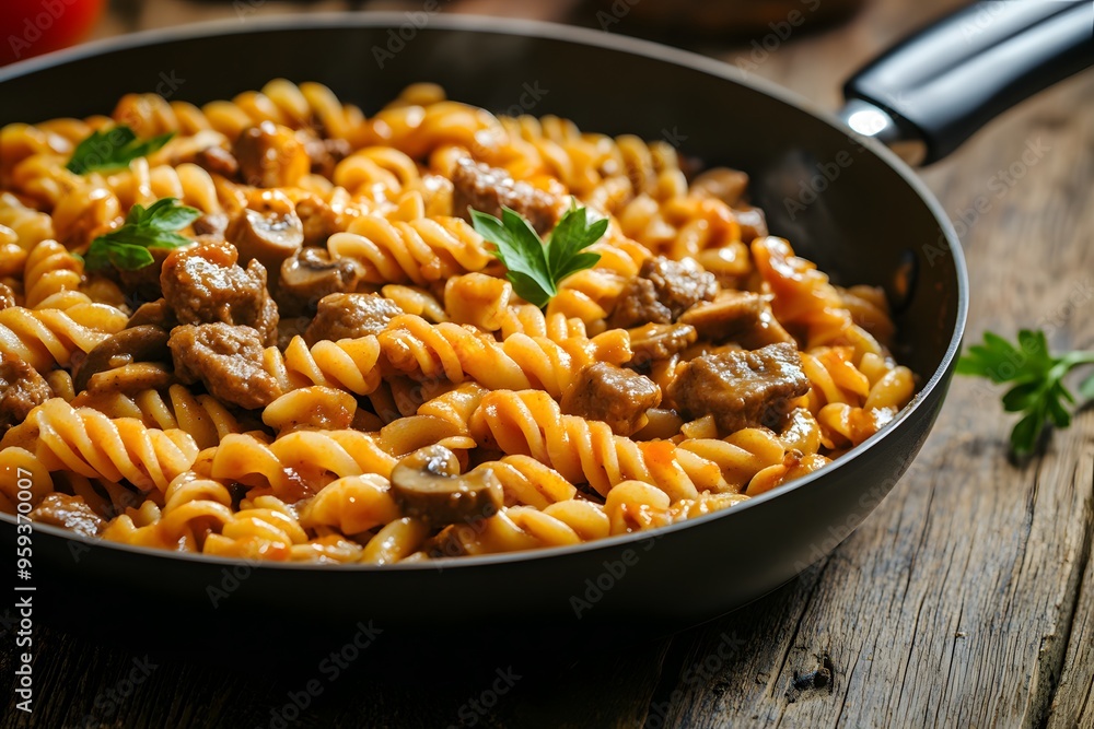 Delicious Pasta with Meat Sauce and Mushrooms in a Frying Pan Delicious Pasta with Meat Sauce and Mushrooms in a Frying Pan