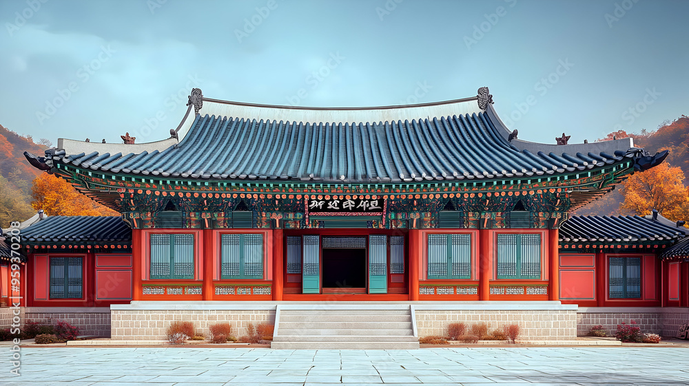 Traditional Korean architecture with red pillars and blue roof tiles. Traditional Korean architecture with red pillars and blue roof tiles.