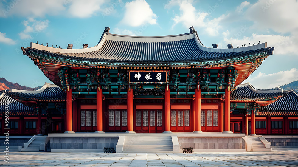Traditional Korean temple with red columns and a tiled roof. Traditional Korean temple with red columns and a tiled roof.