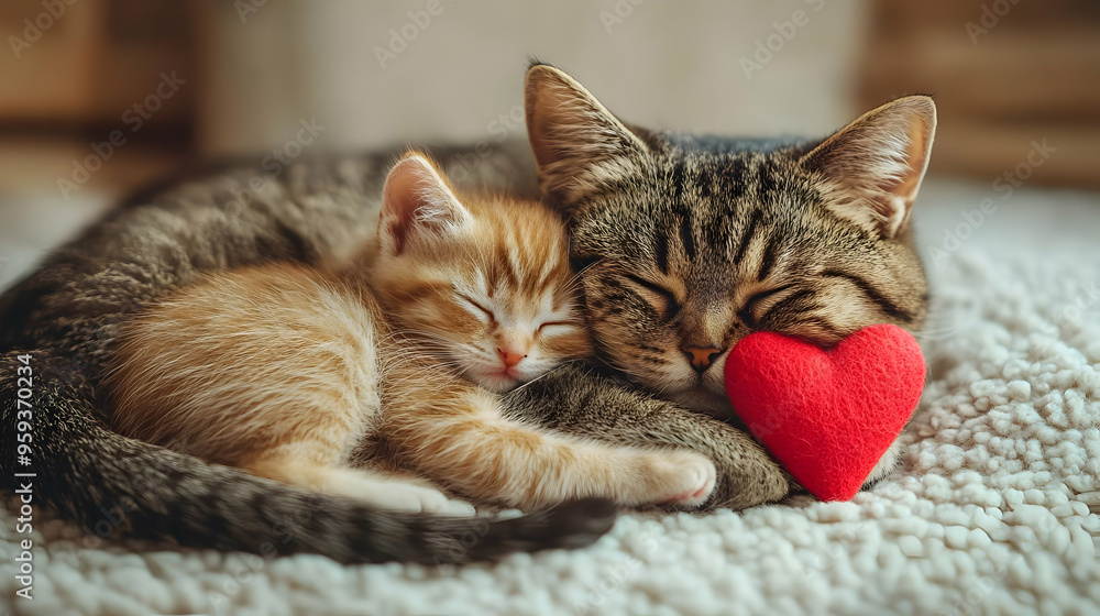 Two adorable cats, one tabby and one ginger, cuddle and sleep peacefully on a fuzzy white blanket with a red heart. Two adorable cats, one tabby and one ginger, cuddle and sleep peacefully on a fuzzy white blanket with a red heart.