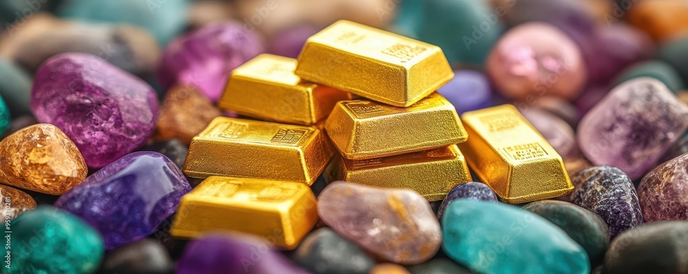 Gold bars scattered among rare gemstones, ultimate wealth, luxury abundance Gold bars scattered among rare gemstones, ultimate wealth, luxury abundance
