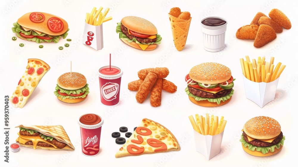 Fast Food Feast Burgers, Fries, Pizza, and More, Digital Illustration, White Background, fast food Fast Food Feast Burgers, Fries, Pizza, and More, Digital Illustration, White Background, fast food