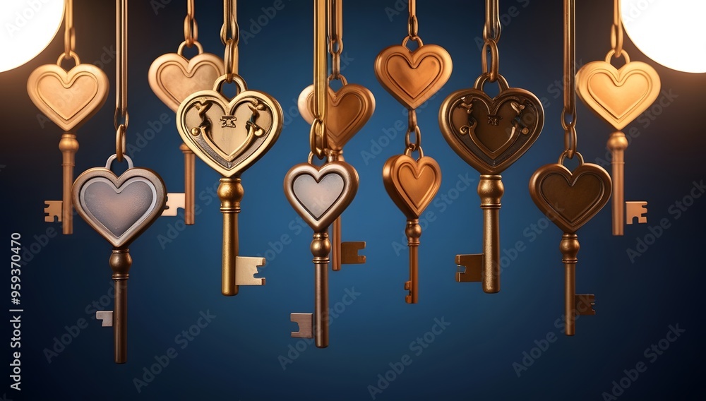 Golden Heart Keys Hanging Against Blue Background Golden Heart Keys Hanging Against Blue Background