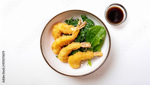 Shrimp tempura with greens and soy sauce served on plate with white background isolated