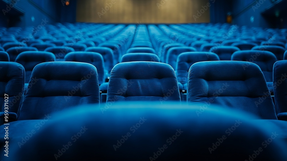 Fototapeta premium Full frame of blue velvet seats in empty auditorium at conference hall : Generative AI