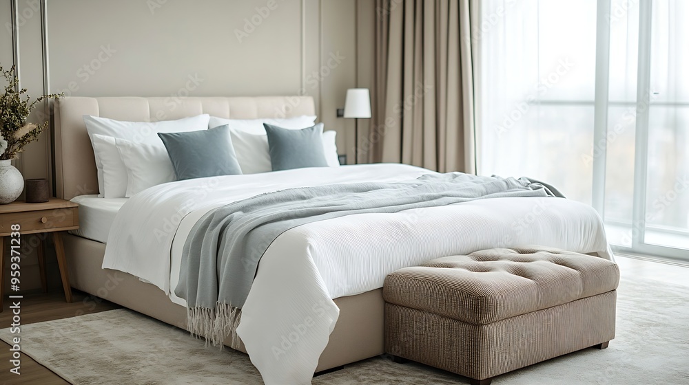 Obraz premium Stylish bedroom interior with large comfortable bed ottoman and bedside table : Generative AI