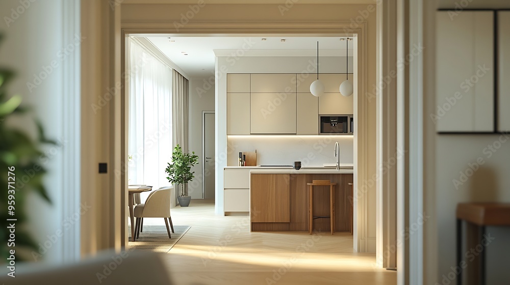 Wide plan of opened doors from living room to modern kitchen interior Luxury furniture wooden cabinet dining table and countertop in house with home decor kitchenware and household fix : Generative AI Wide plan of opened doors from living room to modern kitchen interior Luxury furniture wooden cabinet dining table and countertop in house with home decor kitchenware and household fix : Generative AI