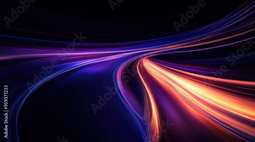 Abstract background with dynamic lines of light in blue, purple, and orange colors on a black background.