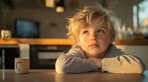 A cute blondhaired boychild is sitting at the kitchen table waiting for his mother to cook food and watching TV : Generative AI photo