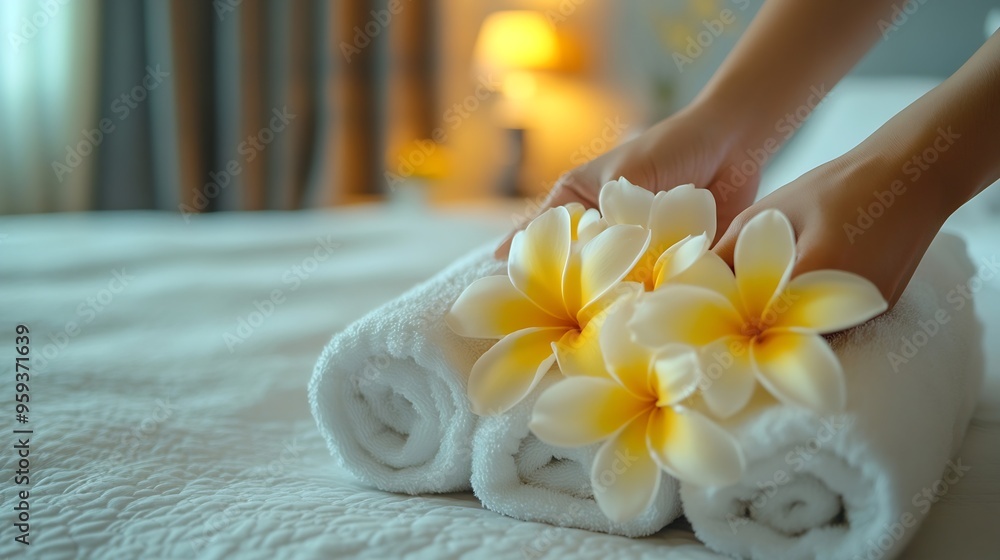 Hands of hotel maid putting plumeria flower and towels on the bed in the luxury hotel room ready for tourist travel : Generative AI Hands of hotel maid putting plumeria flower and towels on the bed in the luxury hotel room ready for tourist travel : Generative AI
