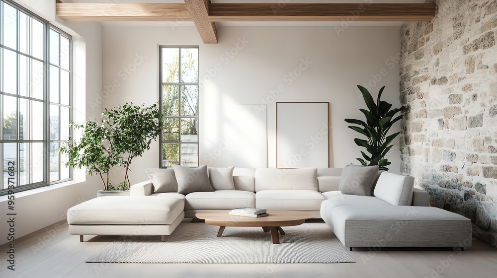Naklejka premium Modern living room with large windows, cozy sectional sofa, and stylish decor. Bright and inviting interior design.