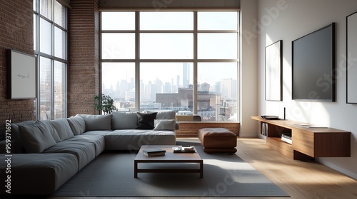 Modern living room with large windows, stylish furniture, and city view. Bright space, serene ambiance, perfect for urban dwelling. photo