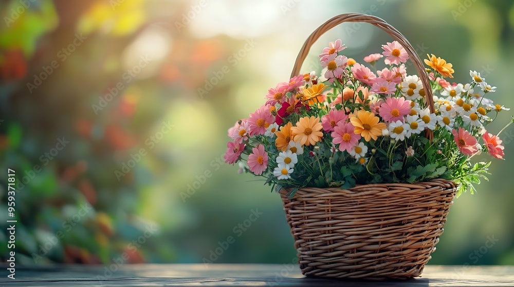 flowers bouquet in wicker basket on table in garden abstract natural green background spring summer season rustic still life with meadow flowers template for design copy space : Generative AI flowers bouquet in wicker basket on table in garden abstract natural green background spring summer season rustic still life with meadow flowers template for design copy space : Generative AI